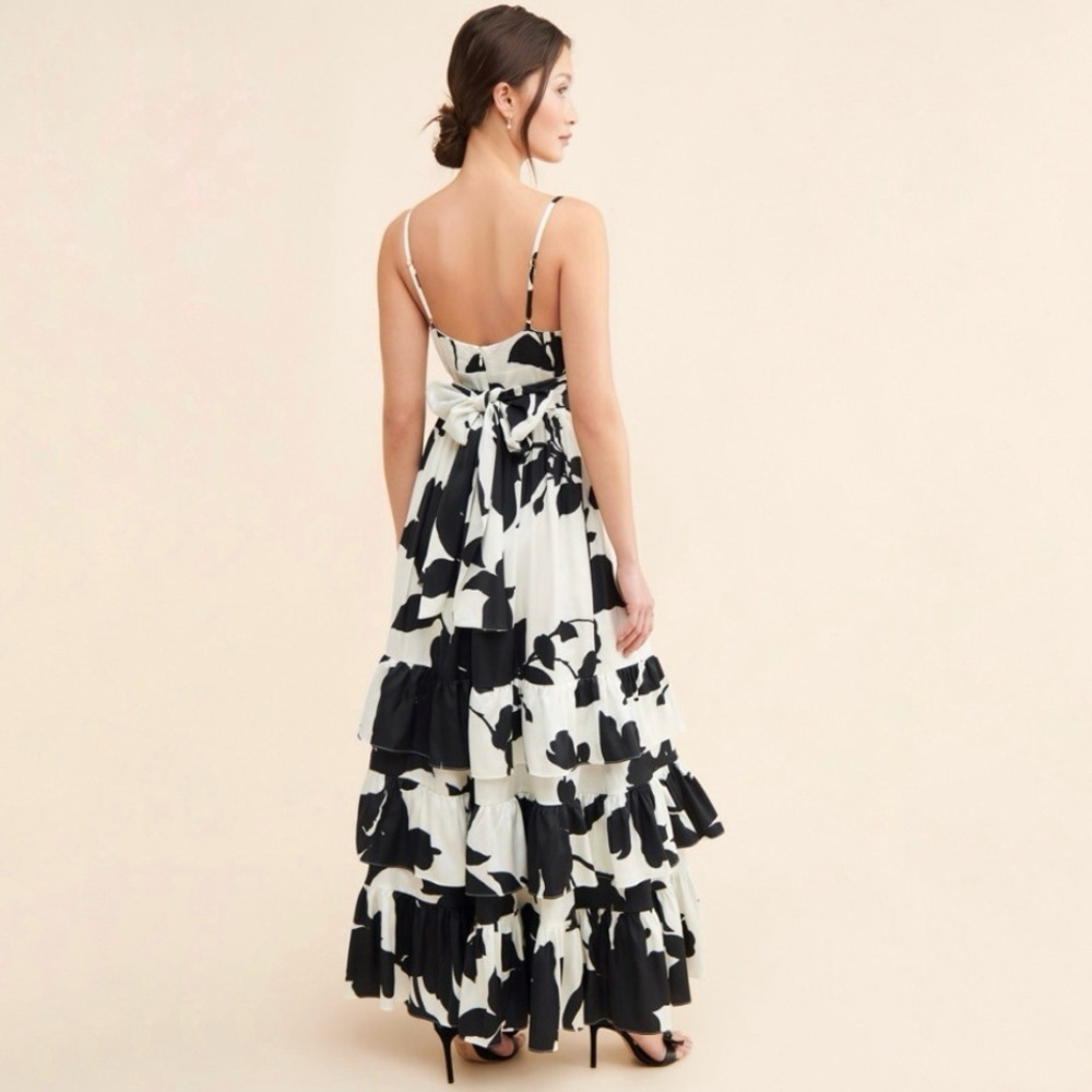 Anthropologie Hutch Guthrie Floral Satin Ruffle Hem Maxi Dress Black White 0 - Picture 2 of 16